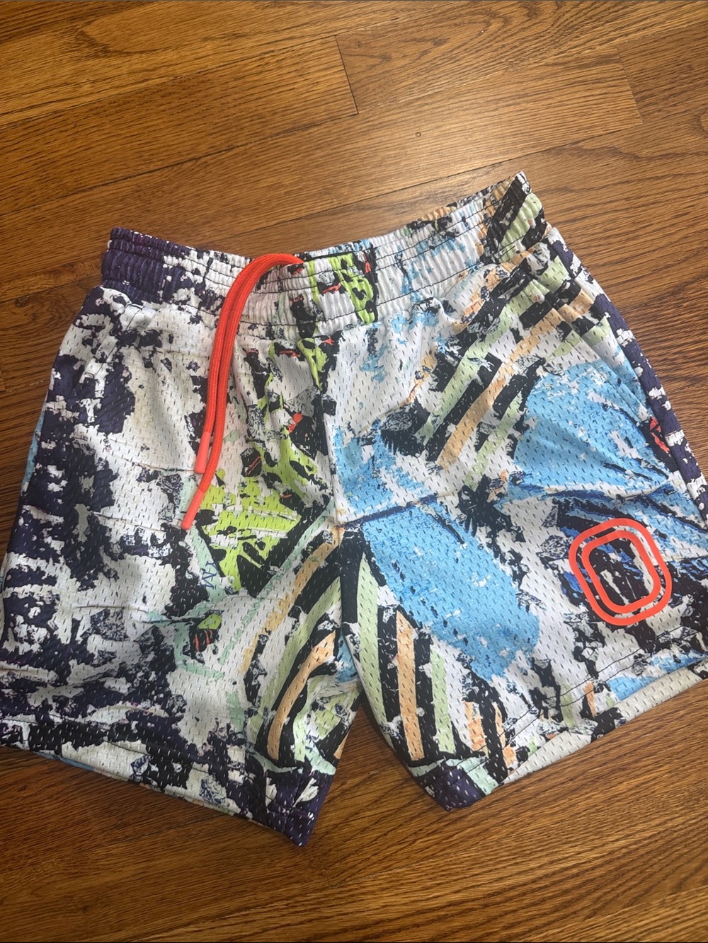 Kids' Multicolor Abstract Print Athletic Shorts - Blue & Lime Accents